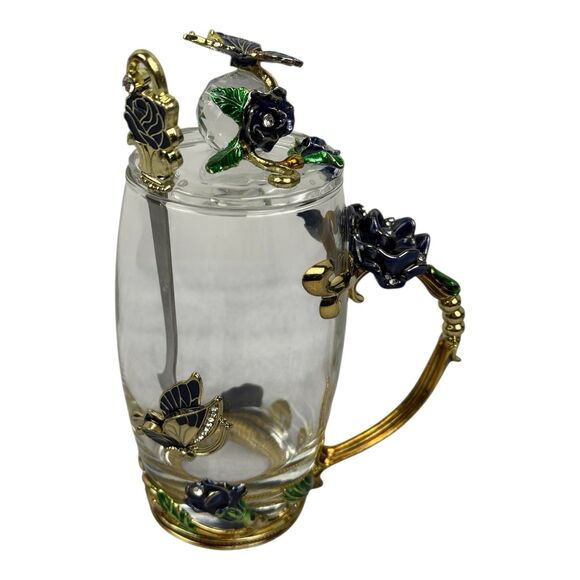 Two Butterfly Glass Tea Cups With Lid And Spoon Red & Blue Roses New In Box - Picture 10 of 11